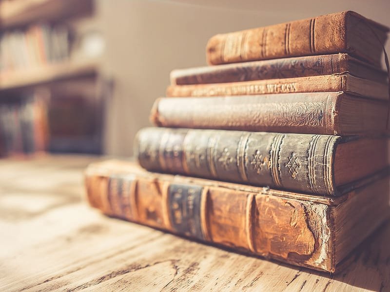 A stack of old leather-bound books