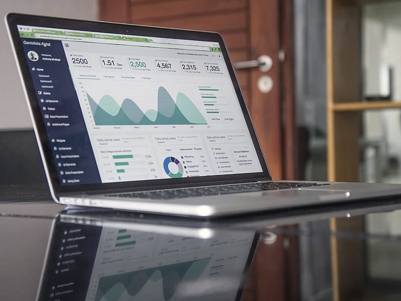 A laptop showing charts on an analytics dashboard